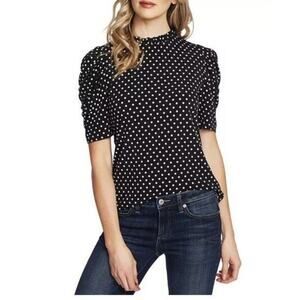 CeCe Puff Sleeve Ruffled Polka Dot Mock Neck Knit Top Small